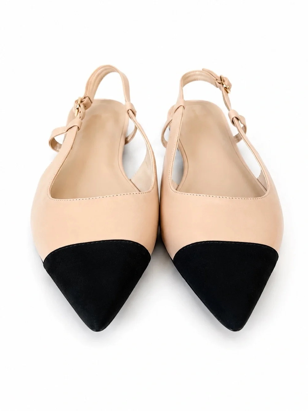 Saks Fifth Avenue Cap Toe Slingback Flats Nude Black Pointed Toe Shoes 9.5
